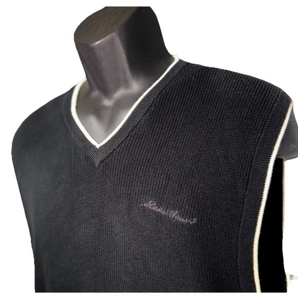 VTG 90s EDDIE BAUER XL Black White Ebtek Golf Embroidered Cotton Sweater Vest - Picture 2 of 7